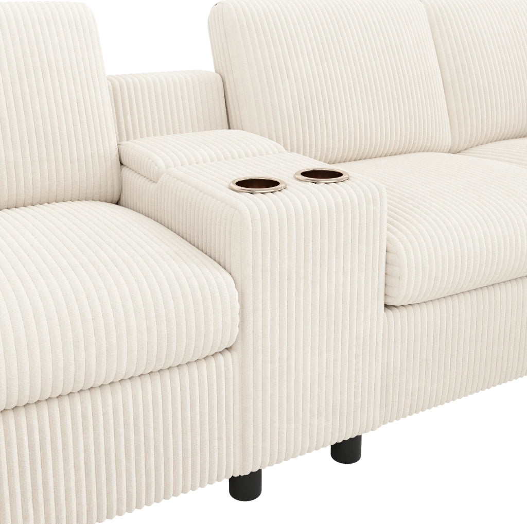 Divano a U in velluto a coste beige con contenitori, tavolino e prese integrate