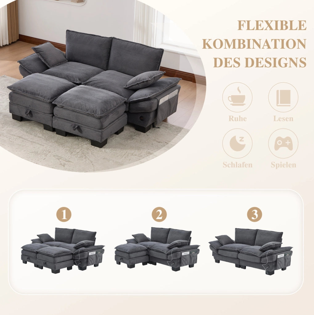 Divano modulare 2 posti con 2 pouf contenitore in tessuto corduroy; 190x132x84 cm; grigio scuro