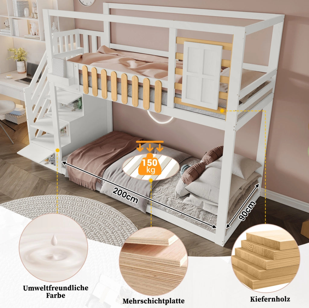 Letto a castello per bambini 90x200 cm con scala contenitore; finestra e ripiani in legno massello e MDF; bianco e naturale