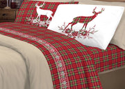 Completo Lenzuola Linea Pensieri Delicati 100% Cotone Disegno Cervo Tartan - Piazza E Mezza - Rosso