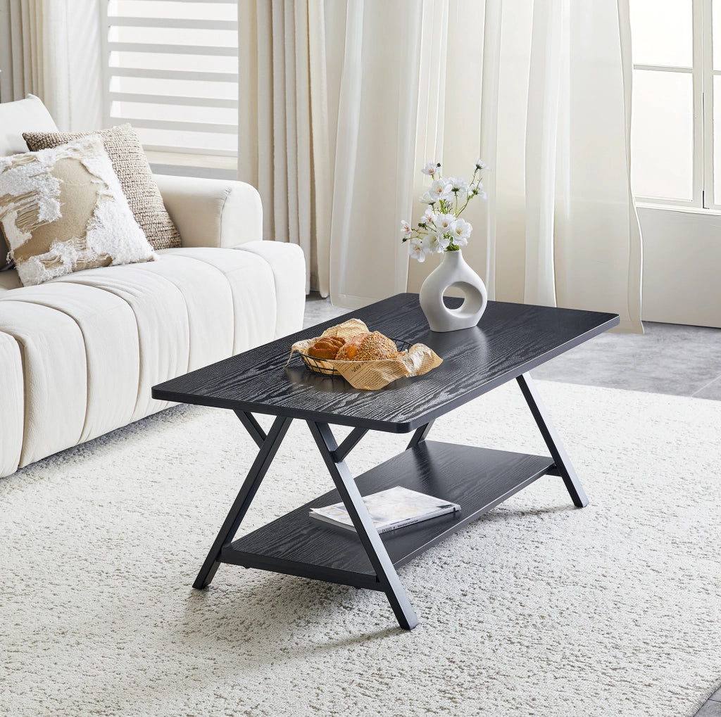 Tavolino da caffè industriale con ripiano; MDF e metallo nero; 110x57x44;5 cm