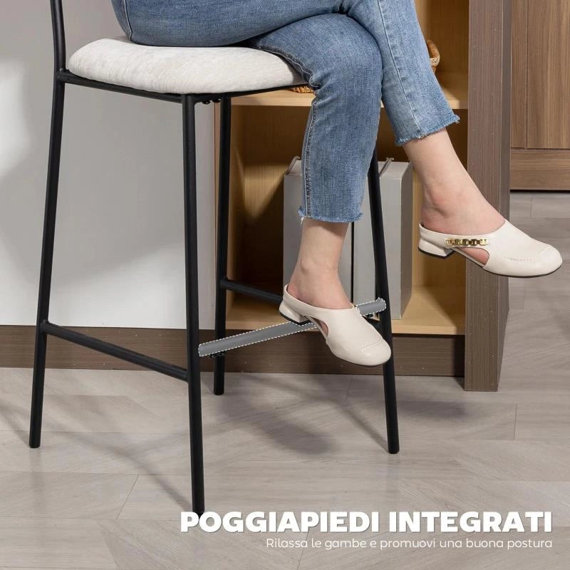 SET 2 SGABELLI DA BAR CON SCHIENALE ALTO, POGGIAPIEDI E RIVESTIMENTO IN CINIGLIA, CREMA