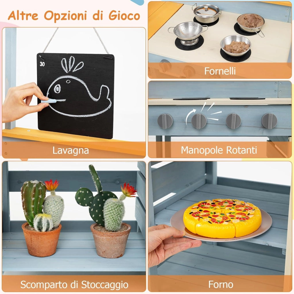 Cucina Giocattolo per Giardino con Tavolo e Panchina da Picnic, Cucina per Bambini in Legno di Abete con Fornelli, Lavandino, Lavagna e Forno, con 17 Accessori, 150 x 71 x 98 cm (Grigio 1)