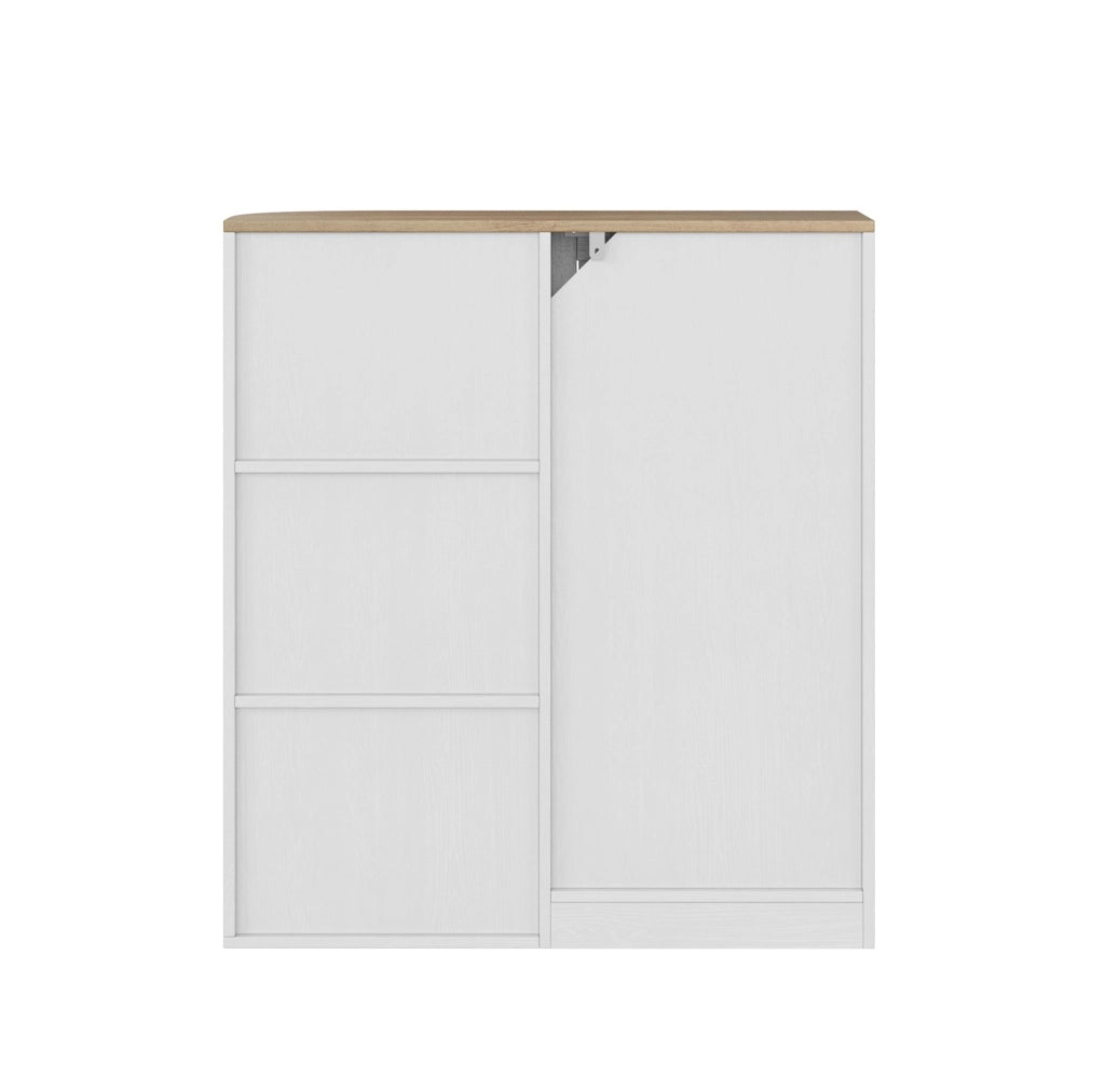 Mobile angolare salvaspazio con ripiani aperti e vani chiusi, bianco effetto rovere, in MDF
