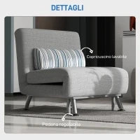 Poltrona Letto Singolo 3 in 1 con Schienale Reclinabile su 5 Livelli, Cuscino Imbottito e Materasso, Divano Letto Singolo Pieghevole per Soggiorno, in Acciaio e Lino, 75x70x75cm, Grigio Chiaro