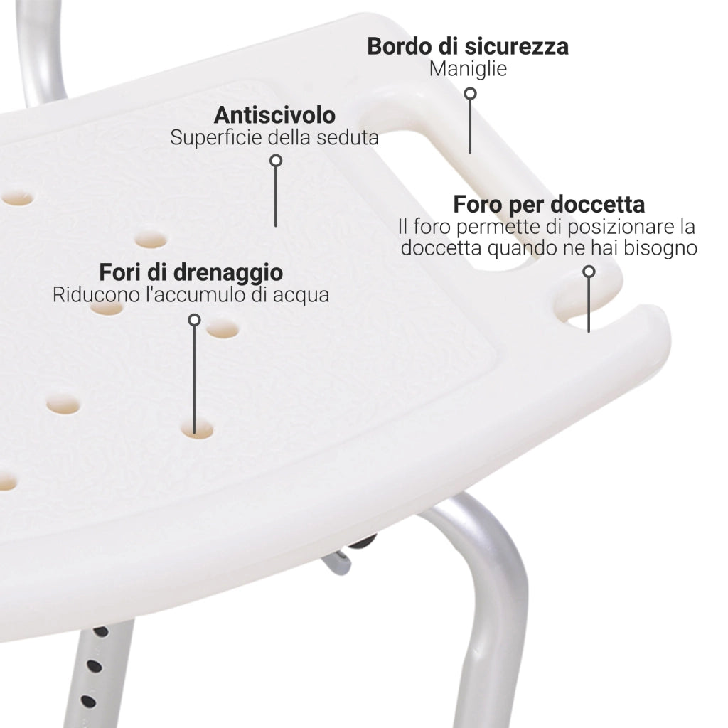 Sedia Doccia Antiscivolo e Regolabile con Fori di Drenaggio e Ventose. in Plastica e Alluminio. 50.6x43x71-88 cm