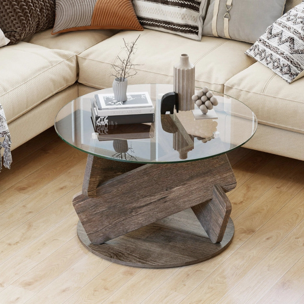 Tavolino rustico con piano in vetro temperato trasparente gambe in legno e dimensioni 81 cm, Tavolino da caff¨¨ rotondo Grigio-Tavolini da salotto