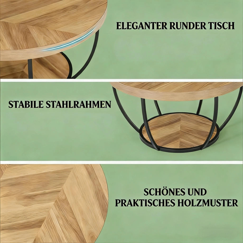 Tavolino da salotto rotondo con 2 ripiani e struttura in metallo; design minimalista; in legno e metallo