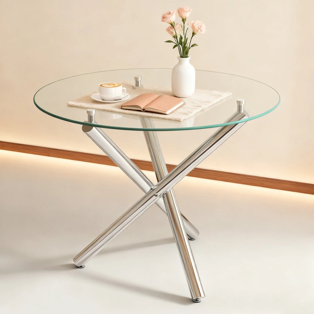 Tavolo da pranzo rotondo con piano in vetro temperato e gambe in metallo, per 2-4 persone, argento, 80 × 80 × 76 cm