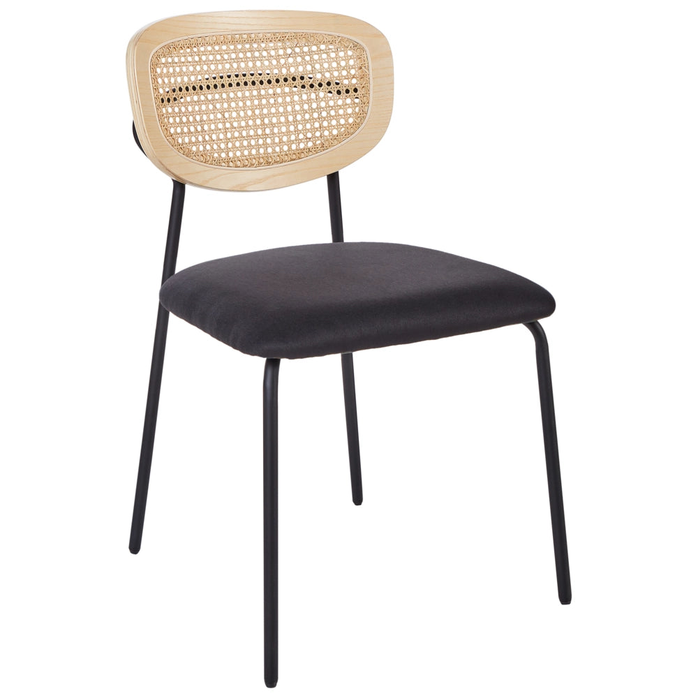 Set di 2 sedie da pranzo Rivestimento in poliestere nero Schienale in rattan naturale a treccia viennese Gambe in metallo nero Sgabelli senza braccioli