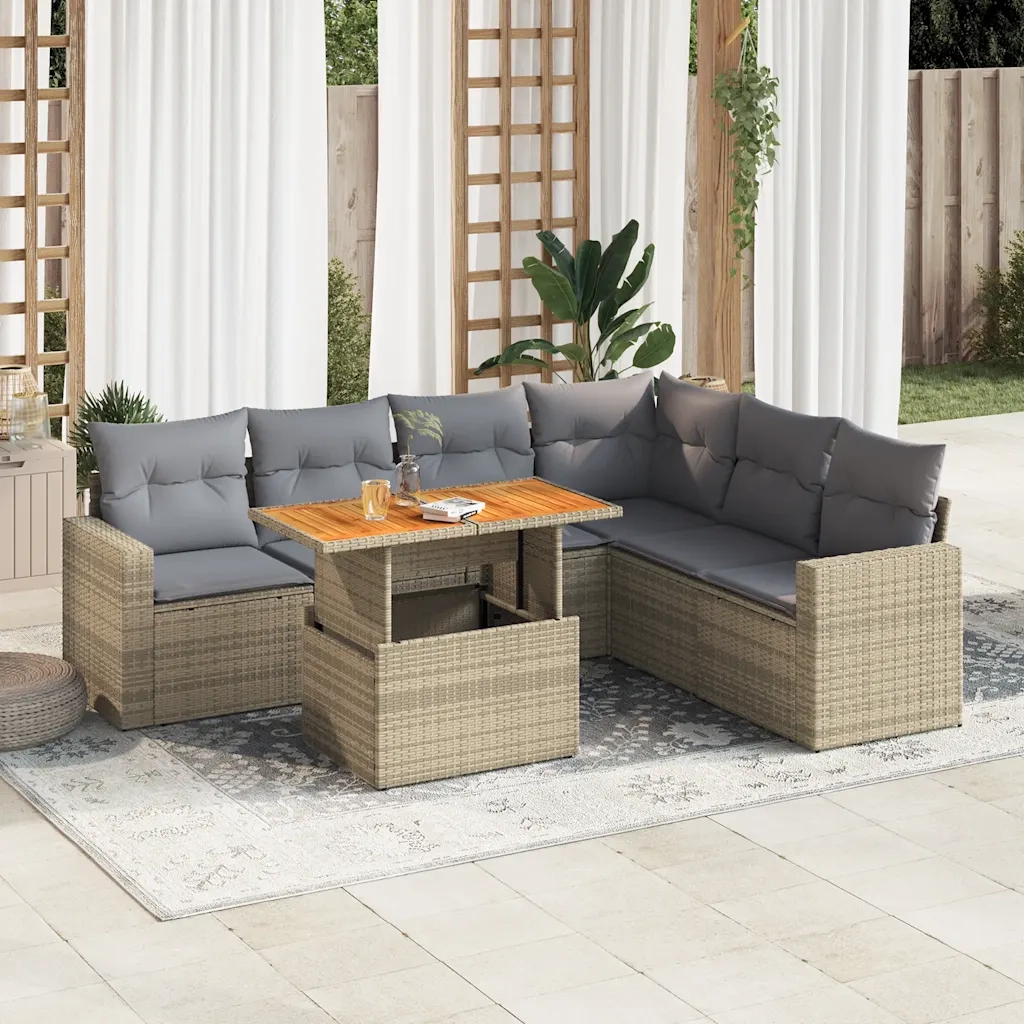 Set Divani da Giardino 7 pz con Cuscini Beige in Polyrattan 3327048