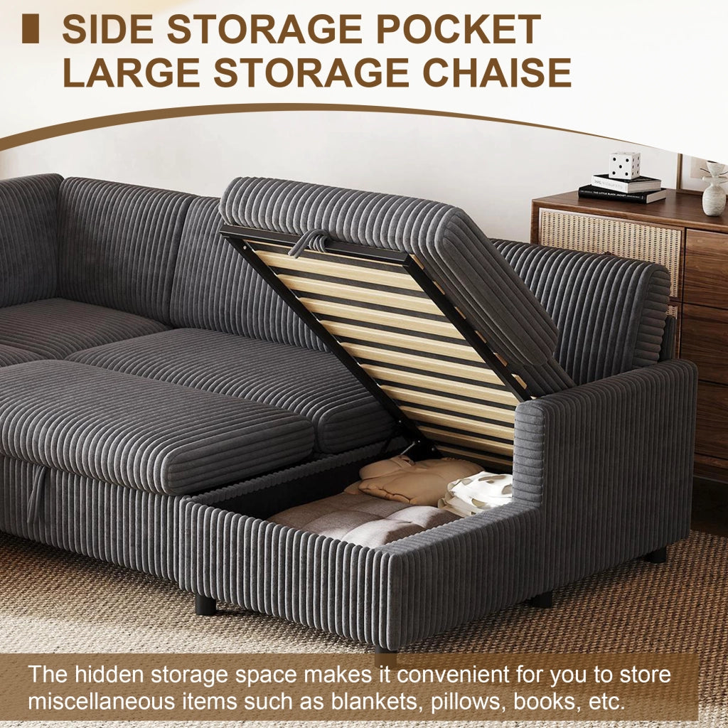 Divano angolare a U convertibile con contenitore, chaise longue, in corduroy, grigio