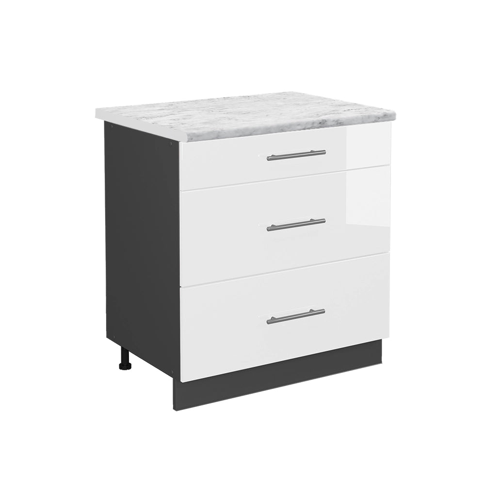 Mobiletto base per cucina Fame-Line Bianco lucido/Antracite 80 cm con 3 cassetti, PL Marmo Vicco