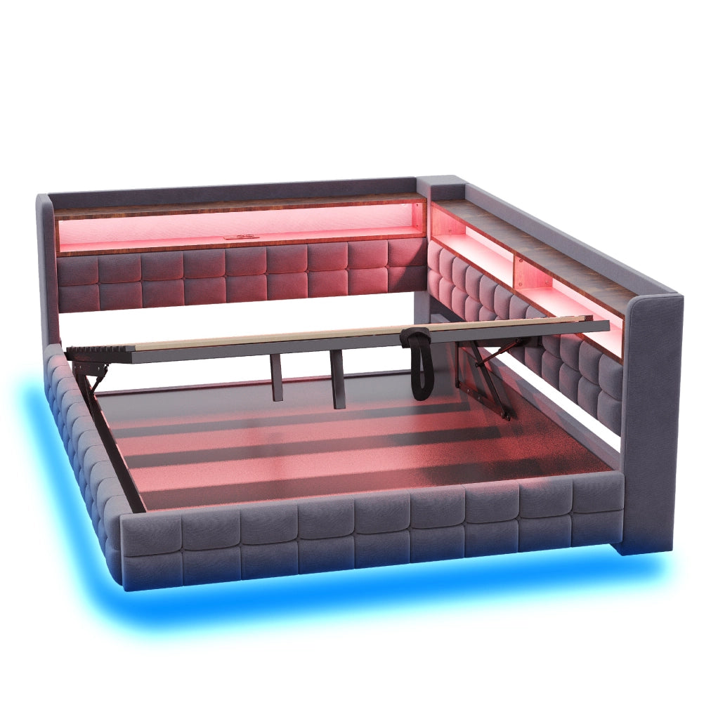 Letto imbottito multifunzionale 140 x 200 cm grigio con vano idraulico e LED