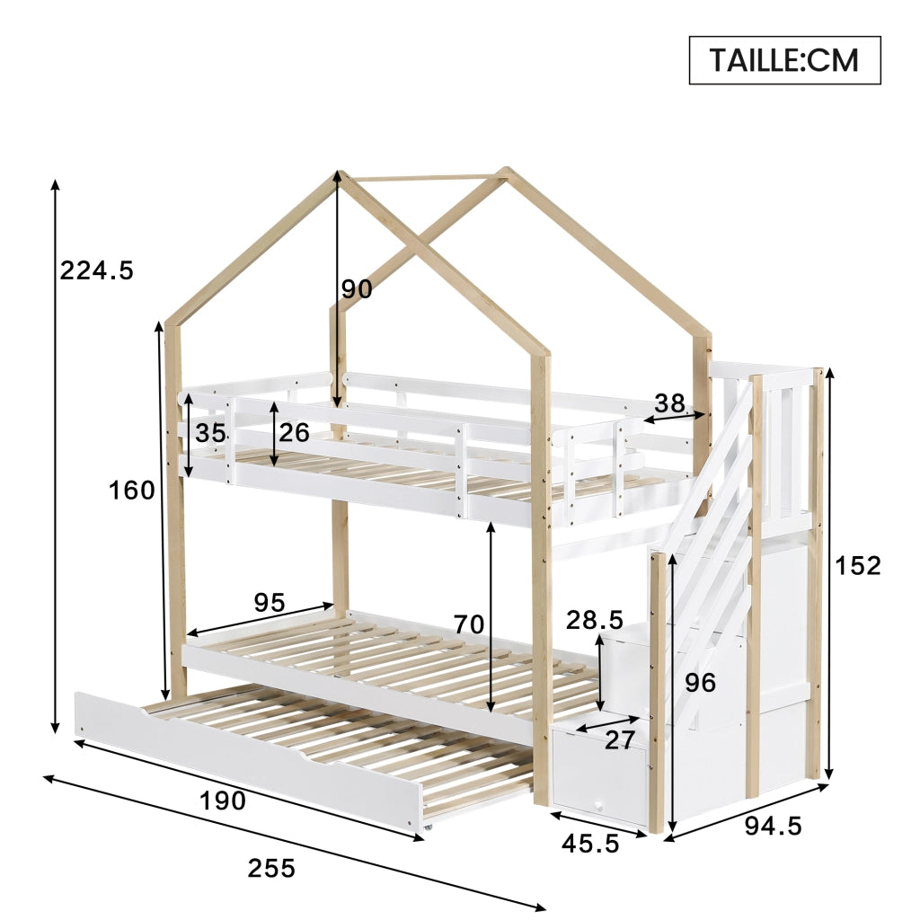 Letto a Castello Estraibile 90x200 cm e 90x190 cm; Letto 3 Posti; con Scala con Cassetti - in Legno e MDF - Bianco Naturale