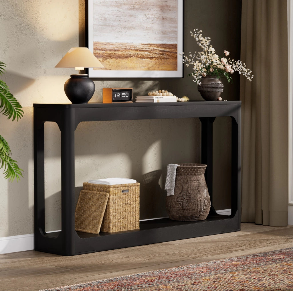 Tavolo consolle nero 140 cm in MDF con ripiani aperti
