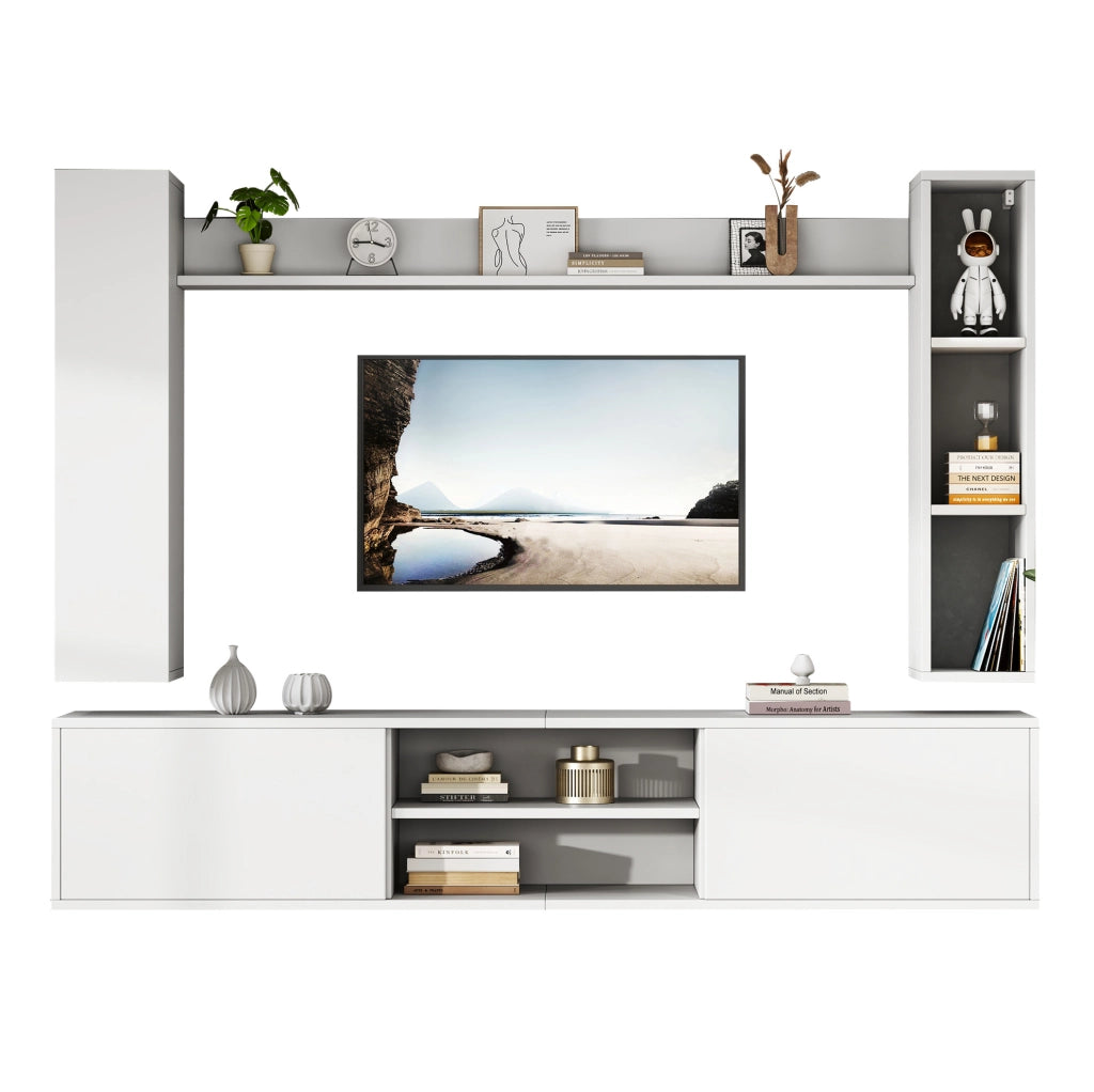 Set parete TV con ampio spazio contenitivo in truciolare bianco