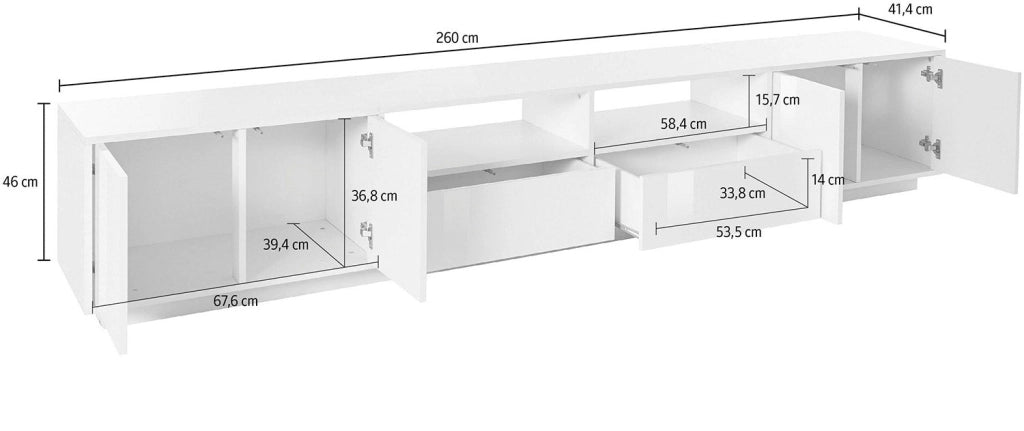 Mobile TV 4 Ante 2 Cassetti 260x41,4x46 cm Bloom Bianco Lucido