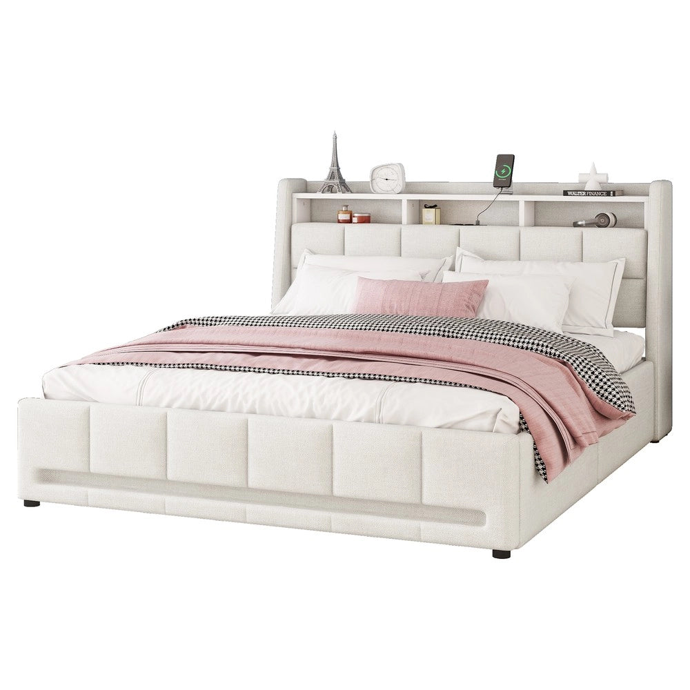 Letto Imbottito con Cassetti e LED ¨C MINIMAL ¨C Lino Beige 140x200