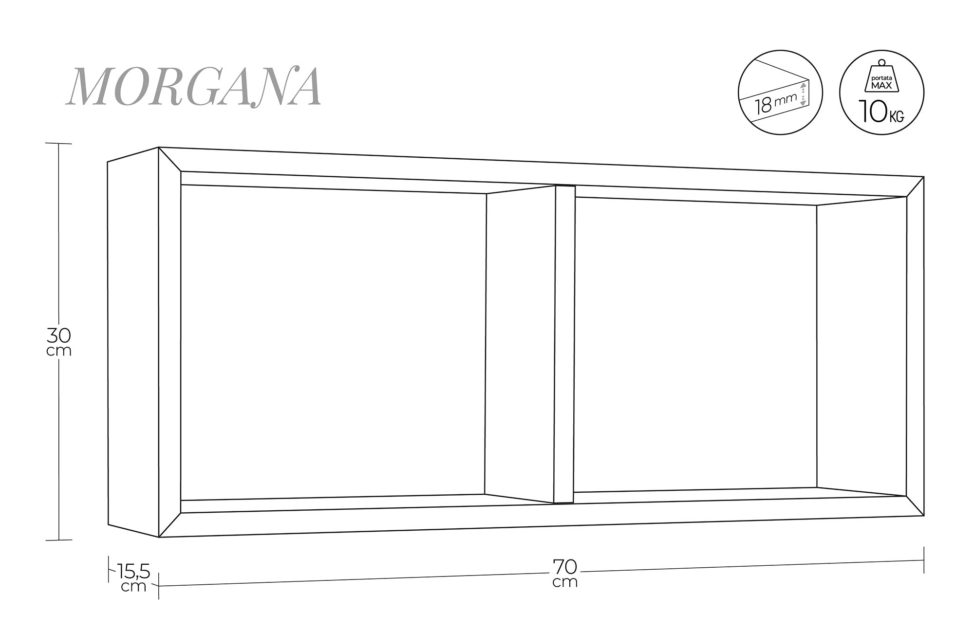 Mensola Rettangolare 2 Scomparti da Parete 70x30x15,5 cm in Fibra di Legno Morgana Verde
