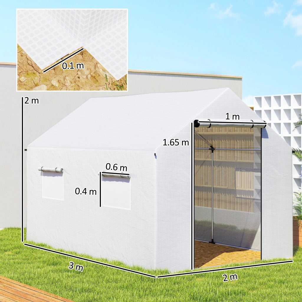 Serra a Tunnel 2x3x2 m con Porte e Finestre Avvolgibili e Tetto a Punta, in Acciaio e PE, Bianco