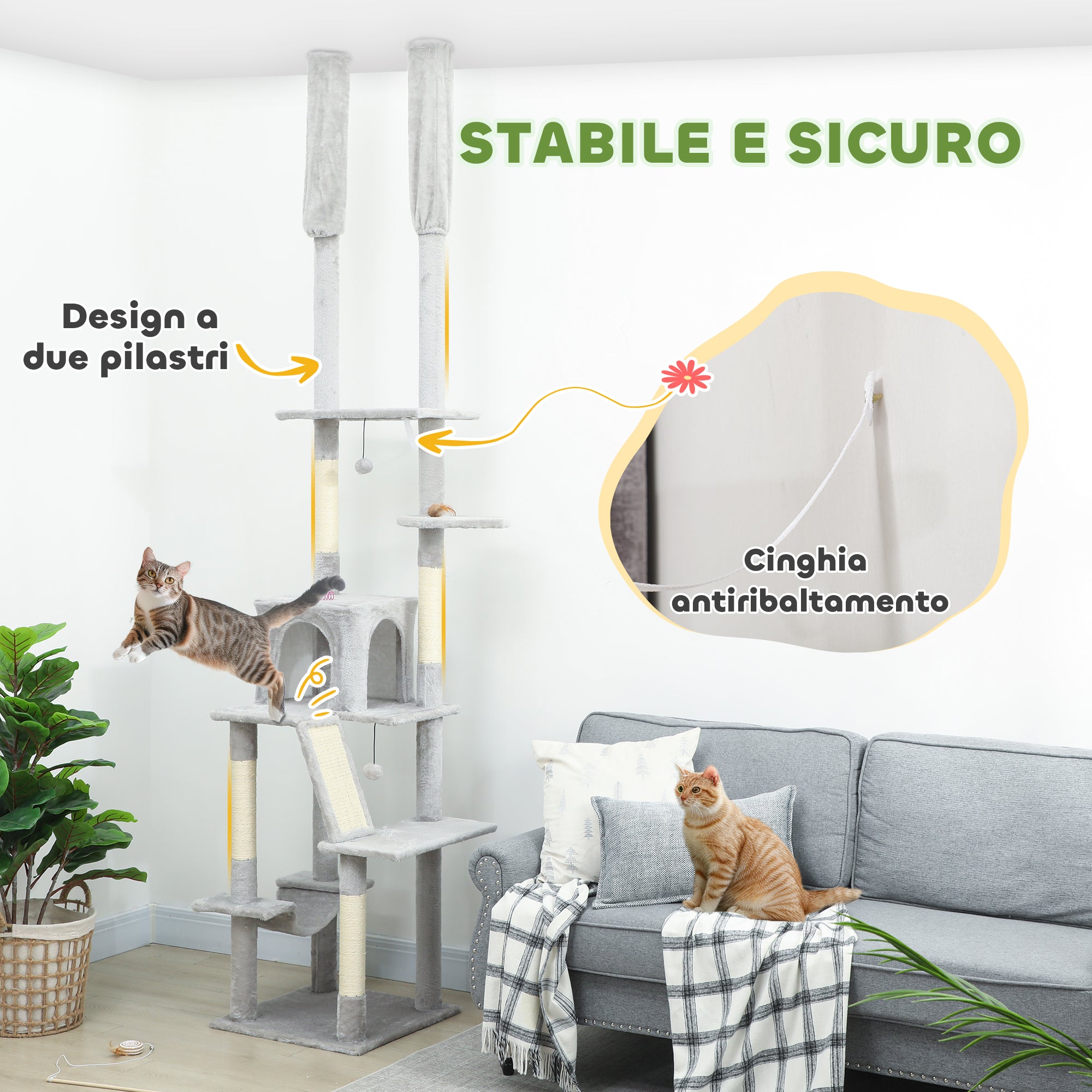 Albero Tiragraffi a Soffitto con Altezza Regolabile 225-255 cm con Casetta e Amaca in Peluche e Sisal Grigio Chiaro