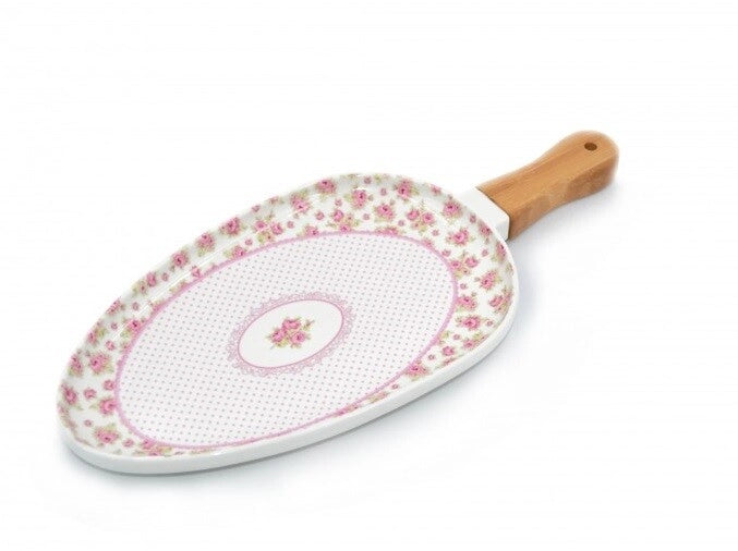 Paletta Vassoio in Porcellana con Manico in Legno Decoro Rose 26 cm