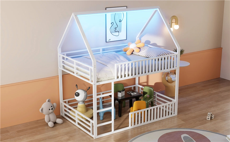DESMIU Letto a castello casetta 140 × 200 cm 2 posti con LED, senza materasso, in metallo, bianco
