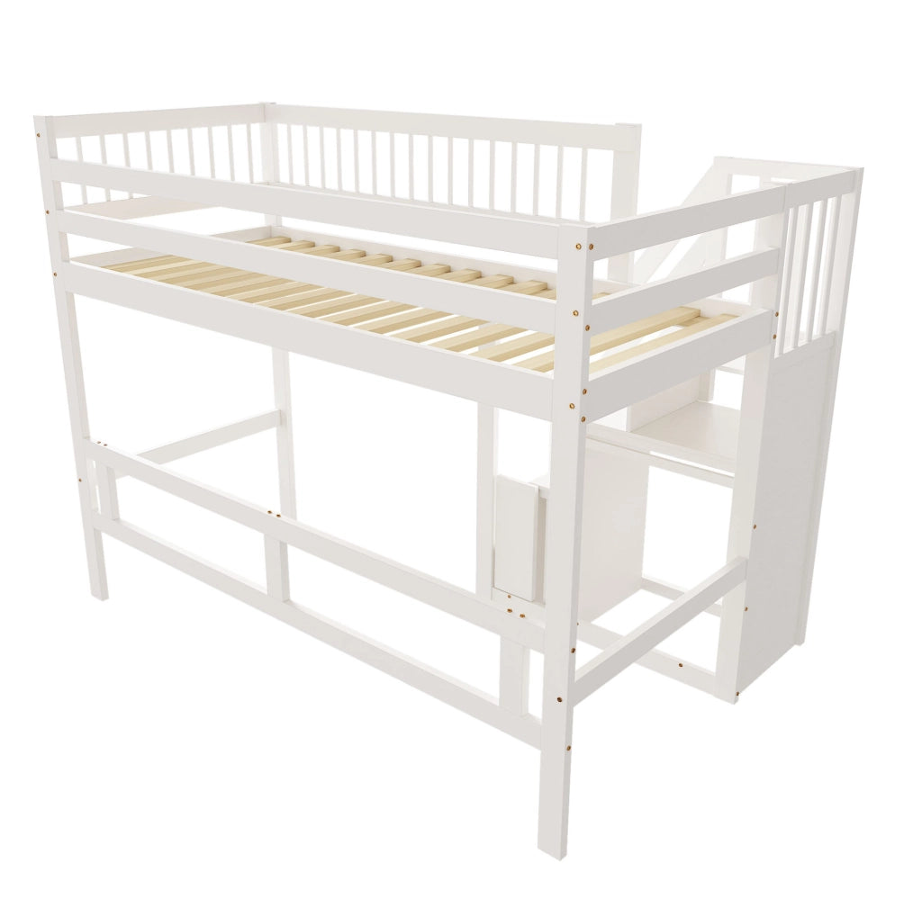 Letto singolo 90x200 cm; scala con contenitore; legno; bianco (Senza materasso)