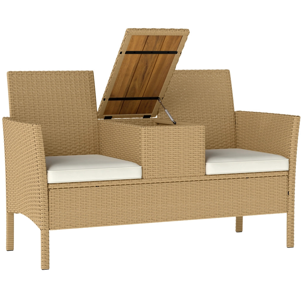 Panca da Giardino con Tavolino a Ribalta Portaoggetti 134x58x82 cm in Rattan e Acciaio Crema e Cachi