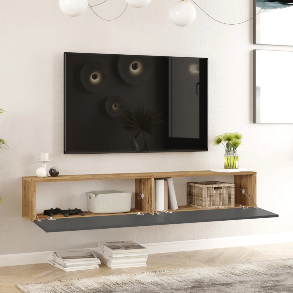 Mobile Porta TV Lapinlahti con 2 Ante a Ribalta Consolle da Parete 180 cm - Rovere Rustico/Antracite [en.casa]