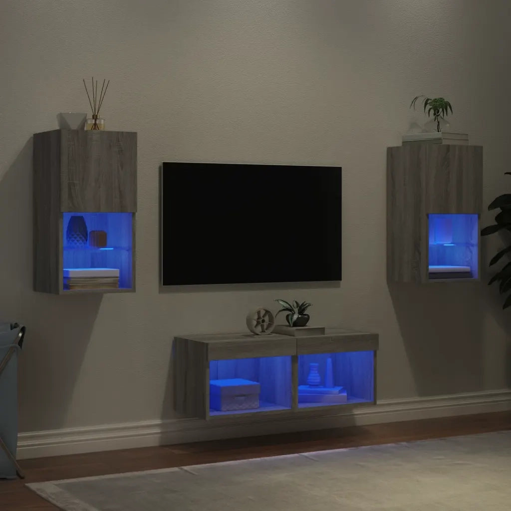 vidaXL Mobili TV a Muro 4pz con Luci LED Grigio Sonoma