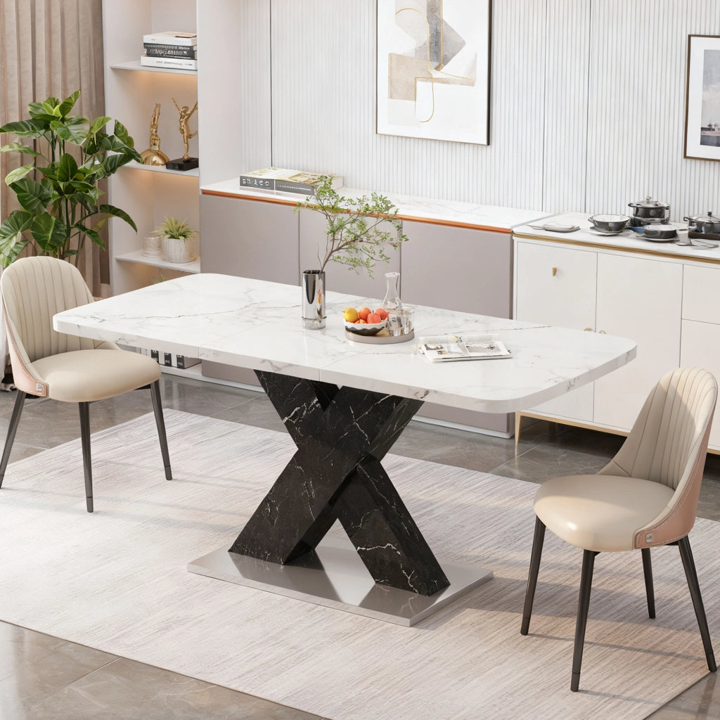 Tavolo allungabile da pranzo rettangolare con piano effetto marmo bianco e gambe nere a X, per sala da pranzo