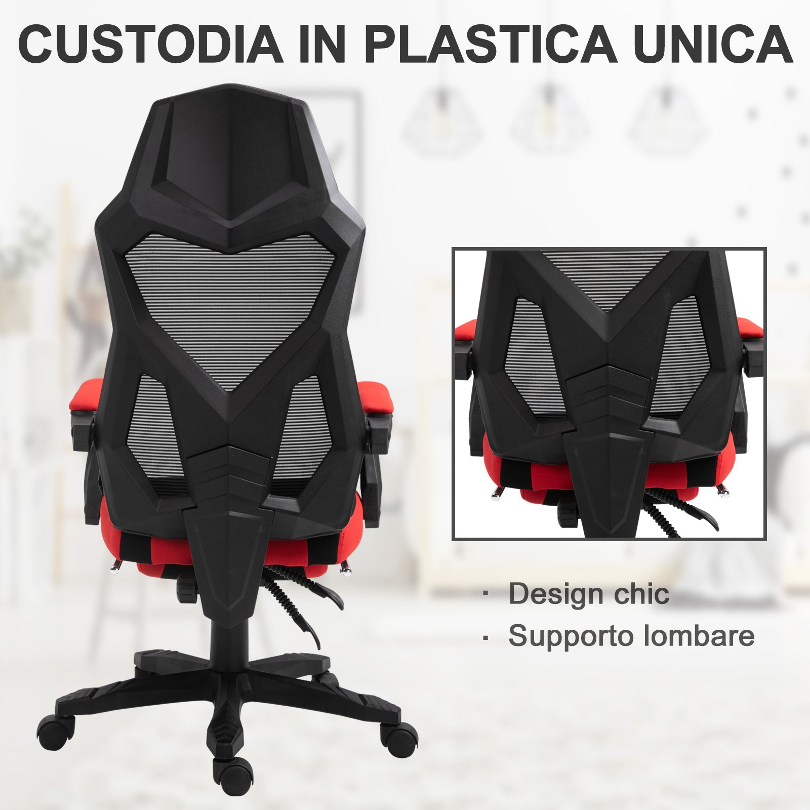 Sedia da Gaming Ergonomica e Reclinabile 58x63x112-122 cm in Tessuto a Rete Nero e Rosso