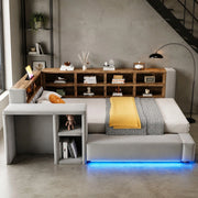 Letto imbottito 90x200 cm con testiera contenitore; LED; prese e comodino; grigio scuro