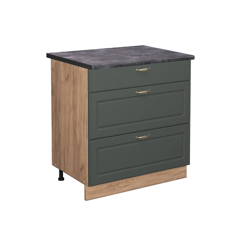 Mobiletto base per cucina Fame-Line Verde-oro rustico/Rovere dorato 80 cm con 3 cassetti, PL Antracite Vicco