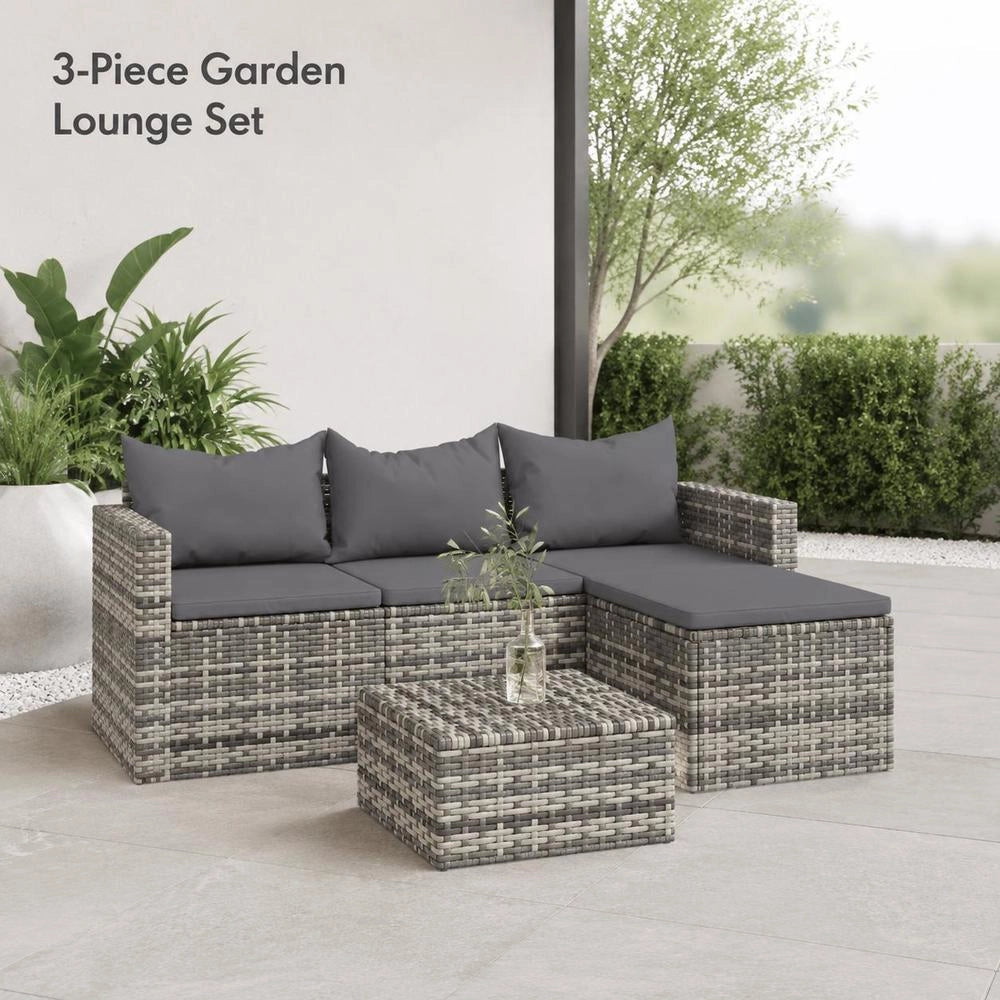 3-piece Garden Lounge Set With Cushions, Grey Poly Rattan