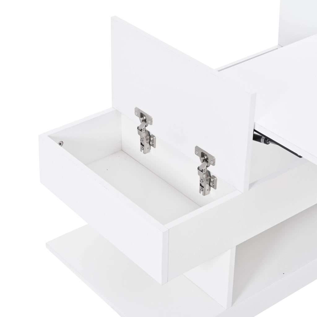 Tavolino da salotto 98x45x40 cm; elevabile con LED e vani contenitori; truciolato bianco