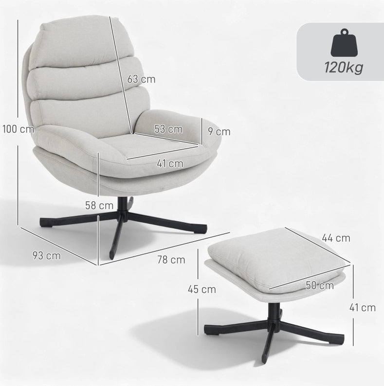 Poltrona relax girevole con pouf in ciniglia crema