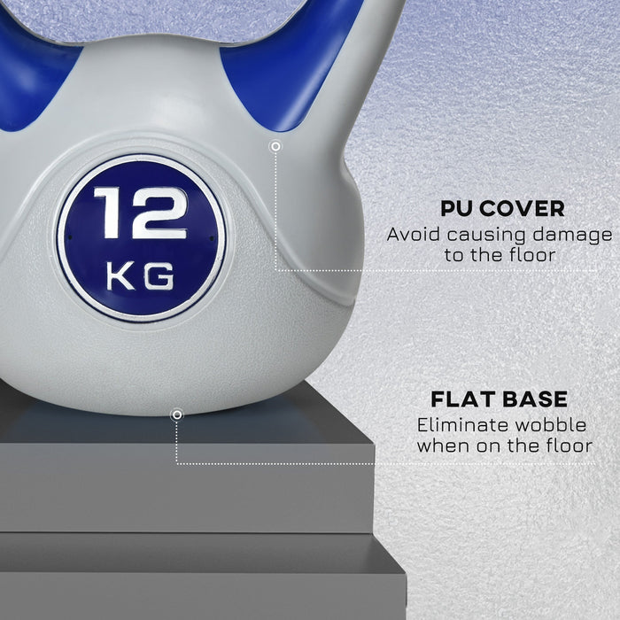Kettlebell per Allenamento 12 Kg Base Piatta e Impugnatura per Stacchi in PU e Sabbia Blu