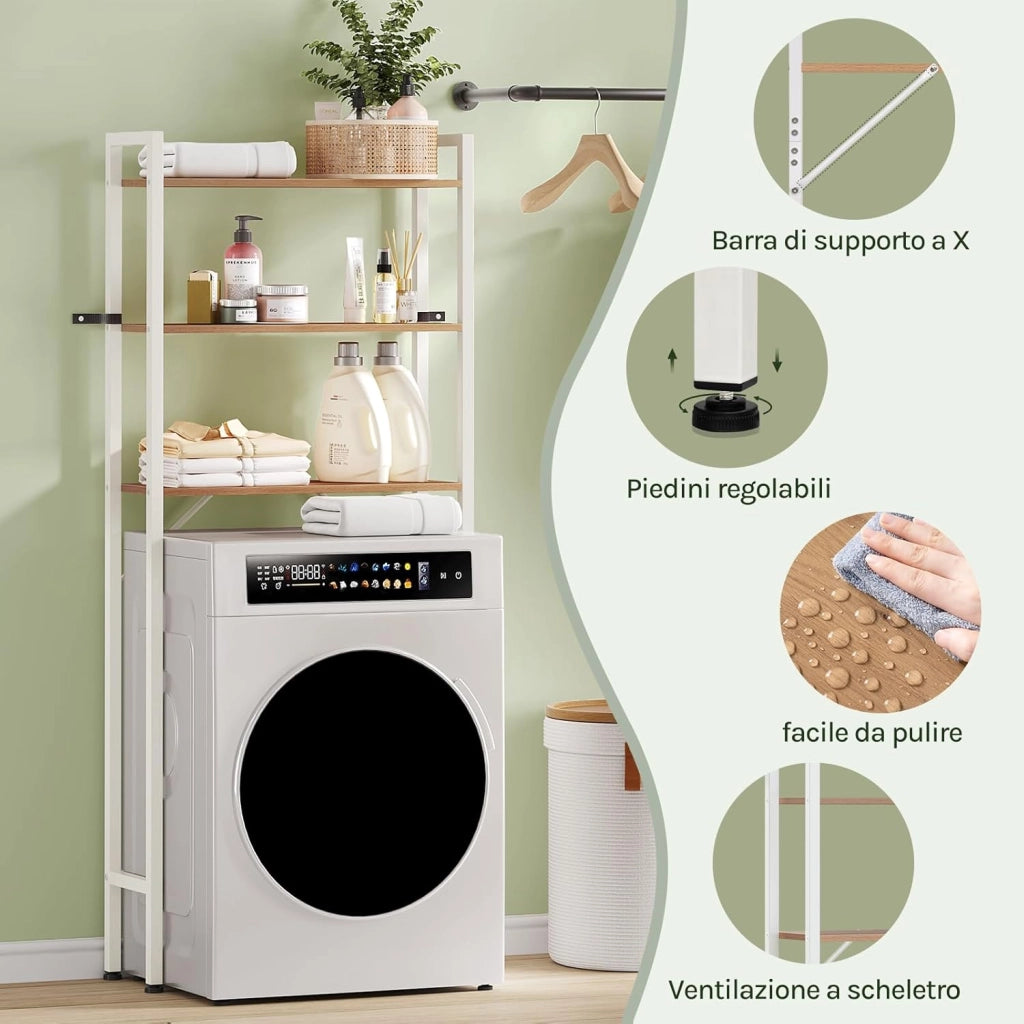 Mobile Sopra Lavatrice a 3 Ripiani, Scaffale Coprilavatrice Salvaspazio, Organizer da Bagno Portaoggetti, Mobiletto Sopra WC in Legno e Metallo, Rovere Chiaro e Bianco, 67x20x164cm