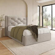 Letto imbottito 90x200 cm con contenitore e rete sollevabile; grigio chiaro
