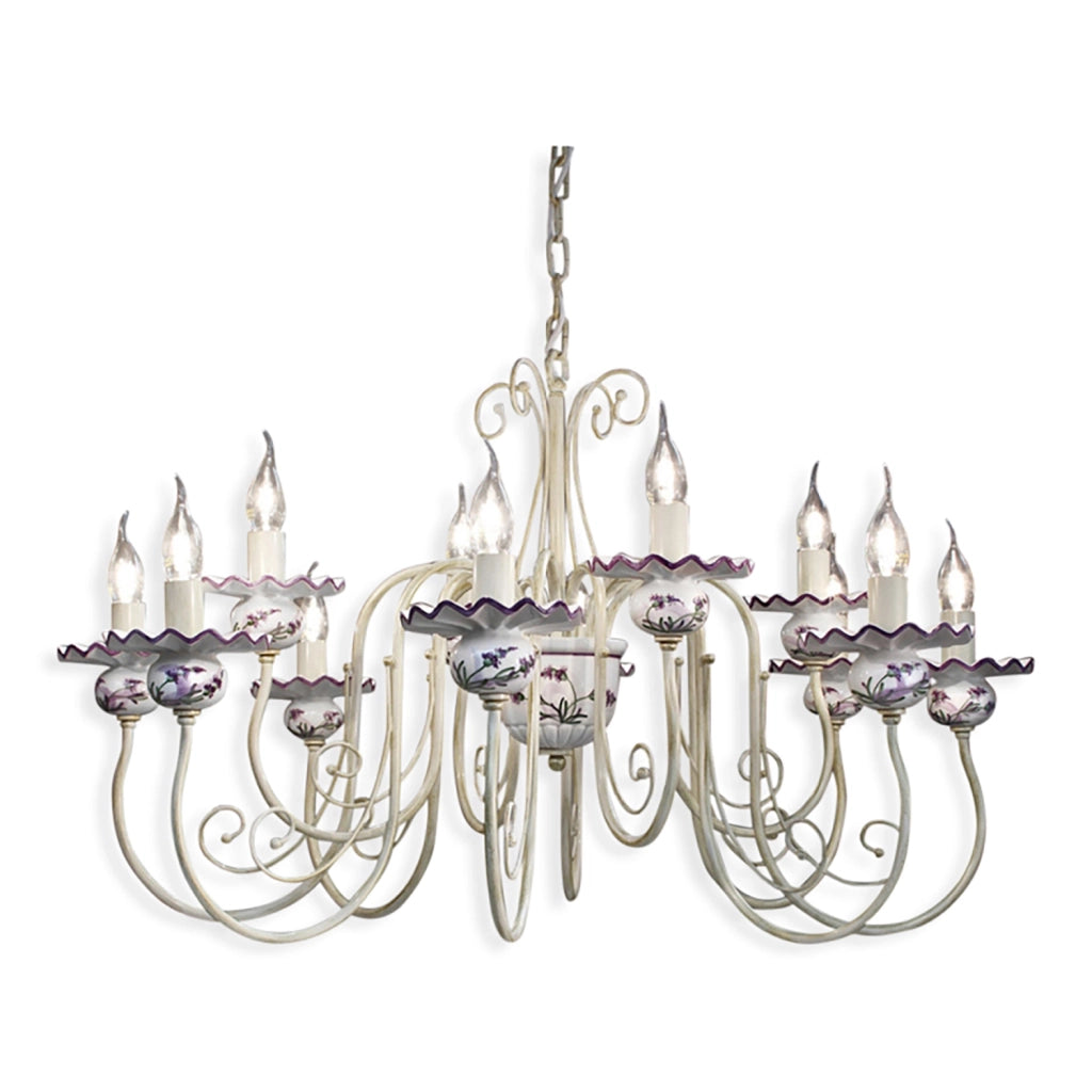 Lampadario Classico Sanremo Metallo E Ceramica Bianco Sfumato Oro 12 Luci E14