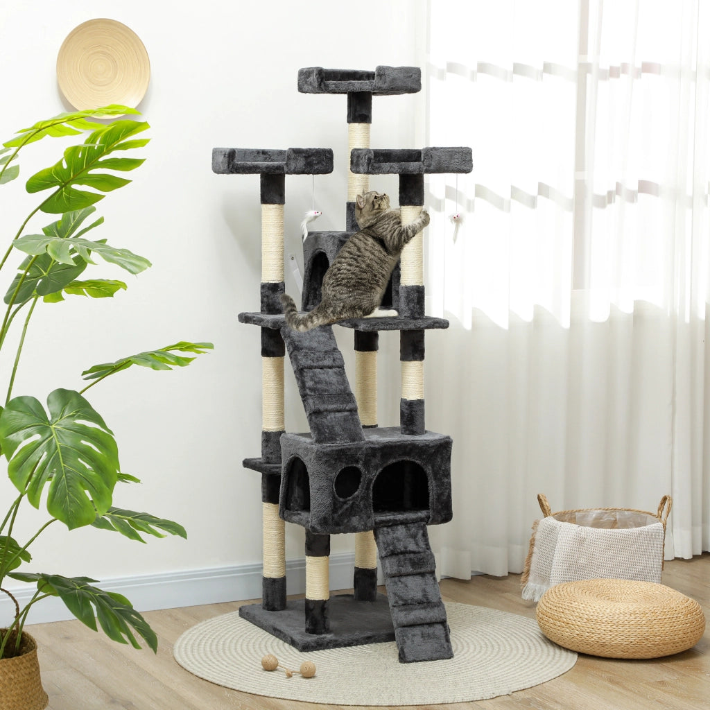 Albero tiragraffi per gatti con piattaforme, rampe e tane ¨C zephmum ¨C 173 cm grigio