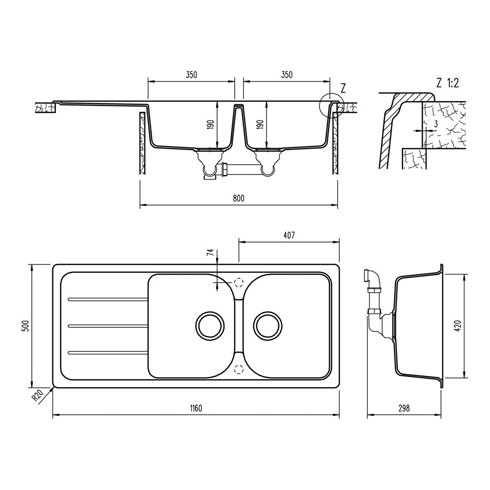 Lavello avena 2 vasche 1 piano e sgocciolatoio