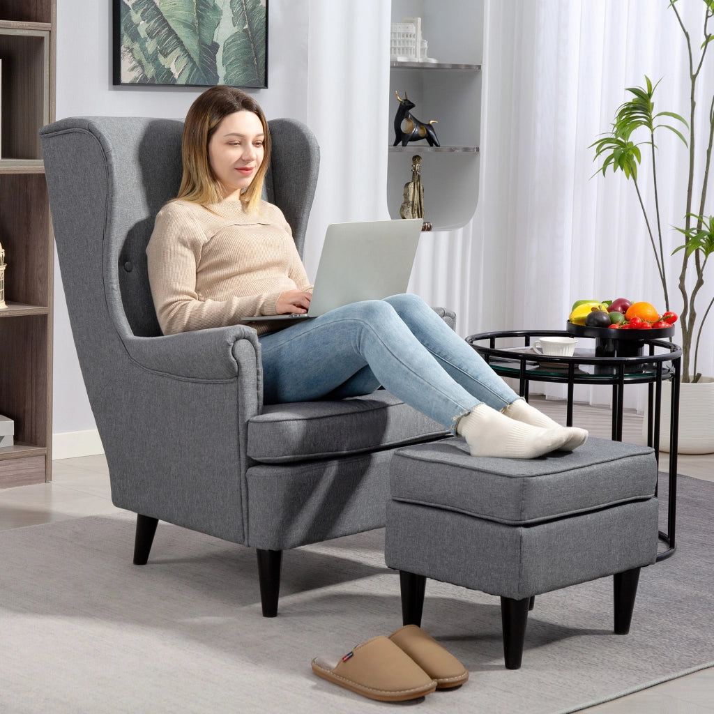 Poltrona da Salotto 75x83x104 cm con Pouf Poggiapiedi in Tessuto Grigio