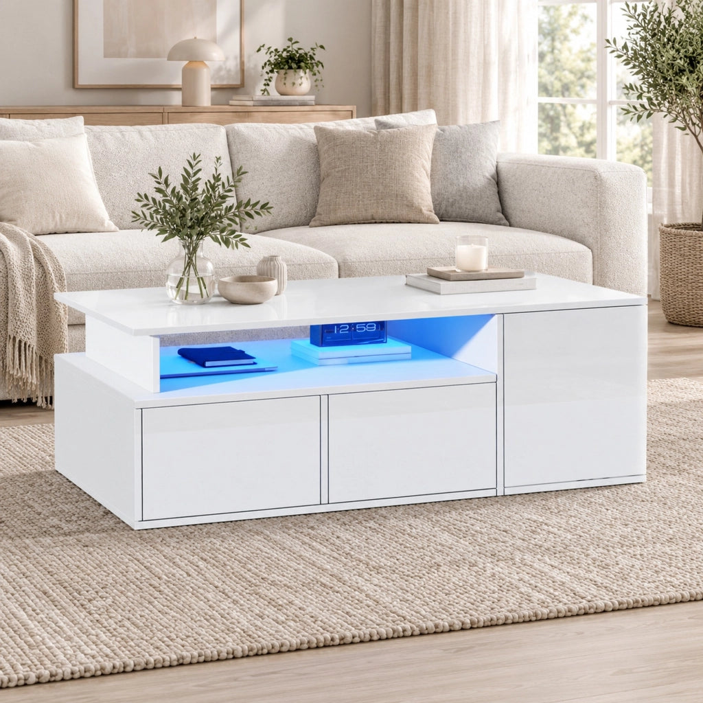Tavolino da caff猫 con LED e 2 cassetti 100 x 50 x 35 cm bianco