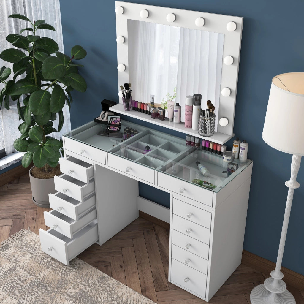 Comodino "Baria" con specchio in legno - 120 x 44 x 80 cm - Bianco