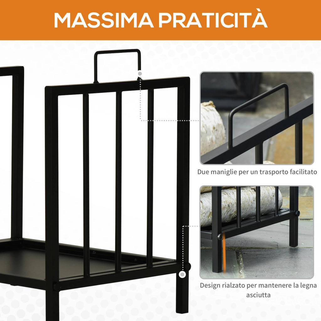 EasyComfort Portalegna da Interno ed Esterno in Metallo con 2 Manici e Base Rialzata, 39x32.5x46cm, Nero