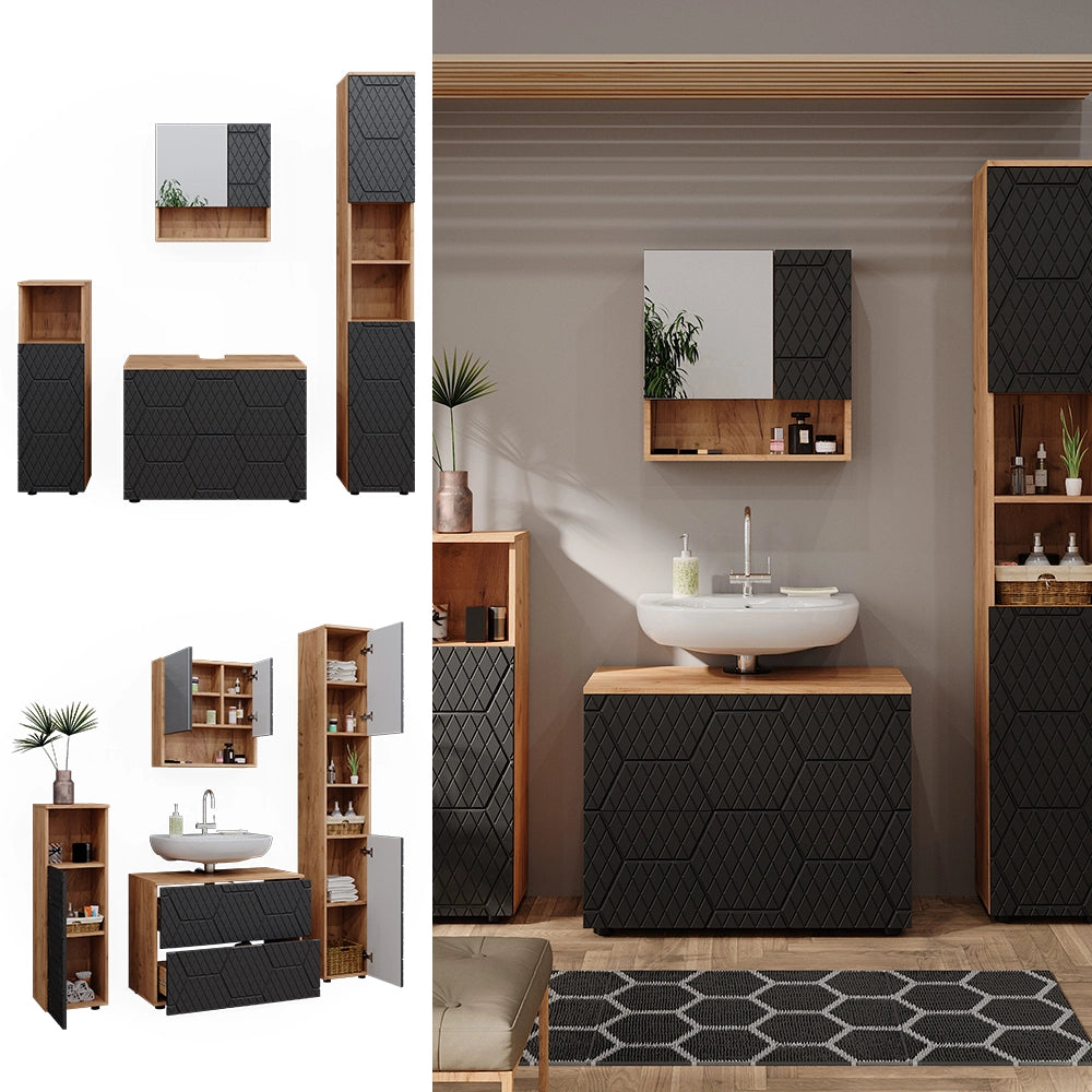 Vicco Set mobili bagno Antracite con struttura a nido d'ape 4 pezzi, con cassettiera e colonna